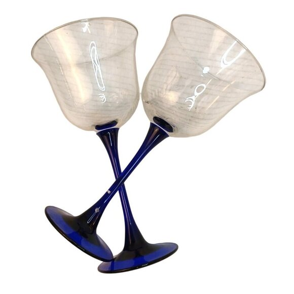 Luminarc Americana Blue 8.5oz Wine Glasses Cobalt Blue Stem Vintage Set of 2 - Picture 2 of 7